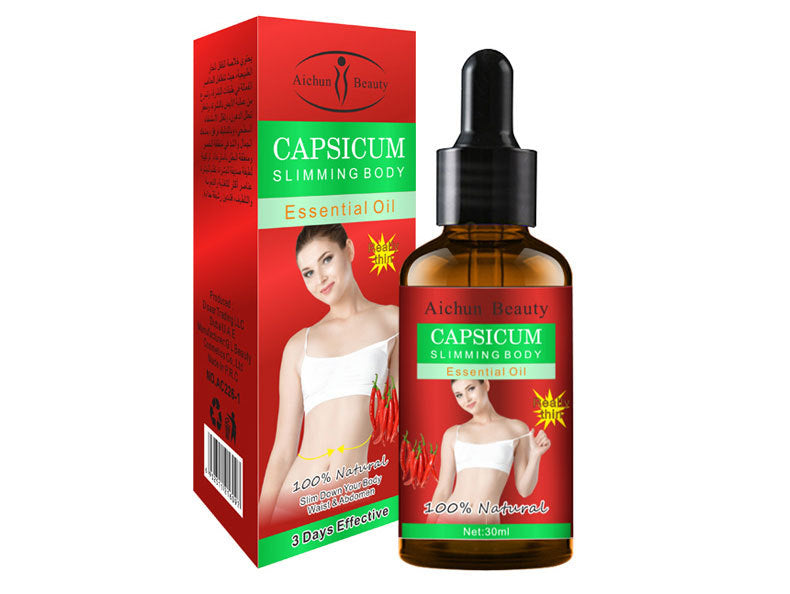 Capsicum slimming body essential oil bottle and packaging on a white background