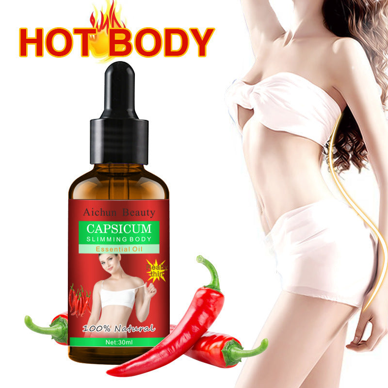 Bottle of Aichun Beauty Capsicum Slimming Body Essential Oil with a woman's silhouette and chili peppers on a white background.