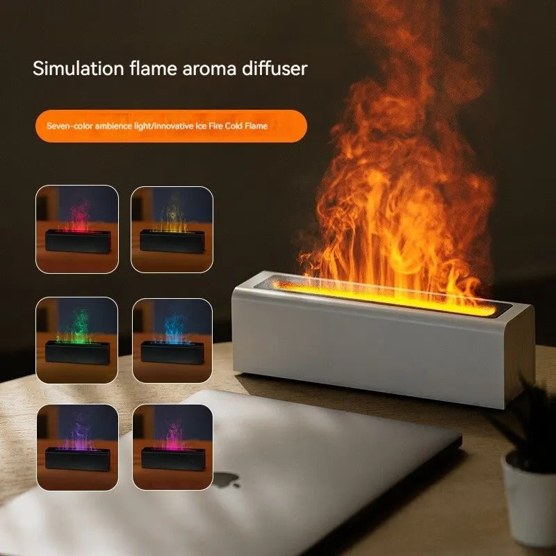 Simulation flame aroma diffuser with colorful flames on a dark background