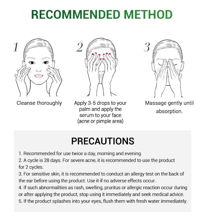 Step-by-step guide for using a facial serum with illustrations and text.