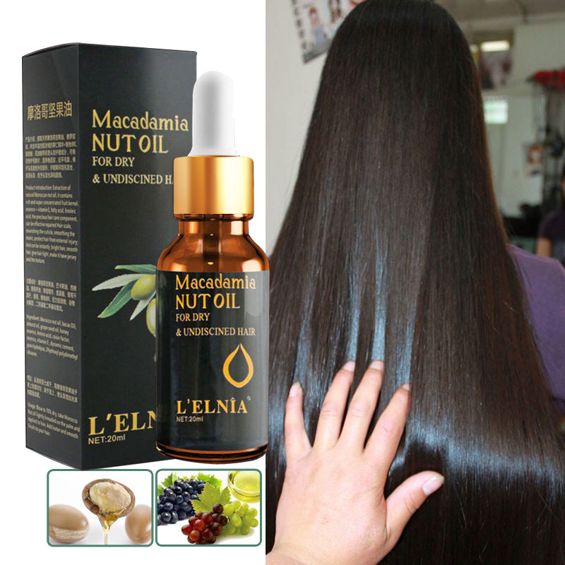 Macadamia nut oil bottle with dropper and packaging, alongside a person with long hair.