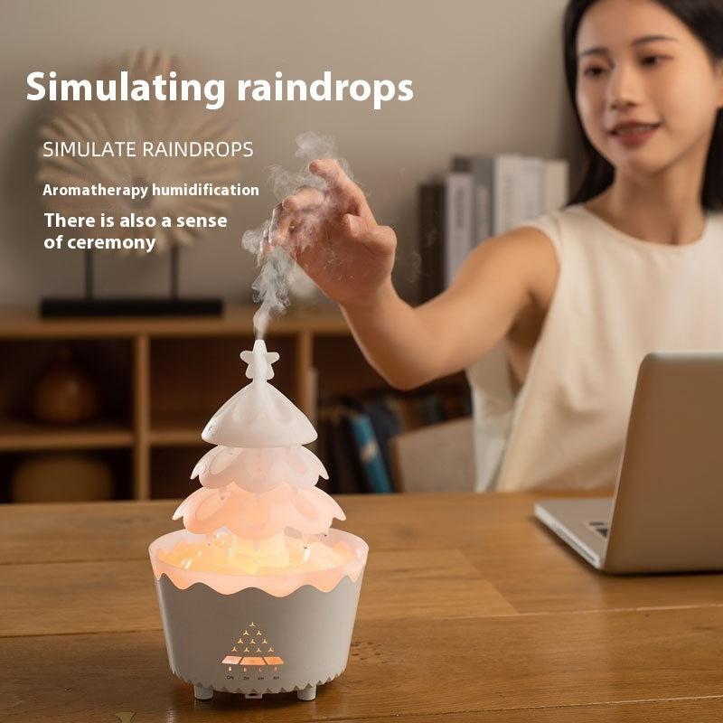 Woman using a tree-shaped humidifier with text about simulating raindrops and aromatherapy.