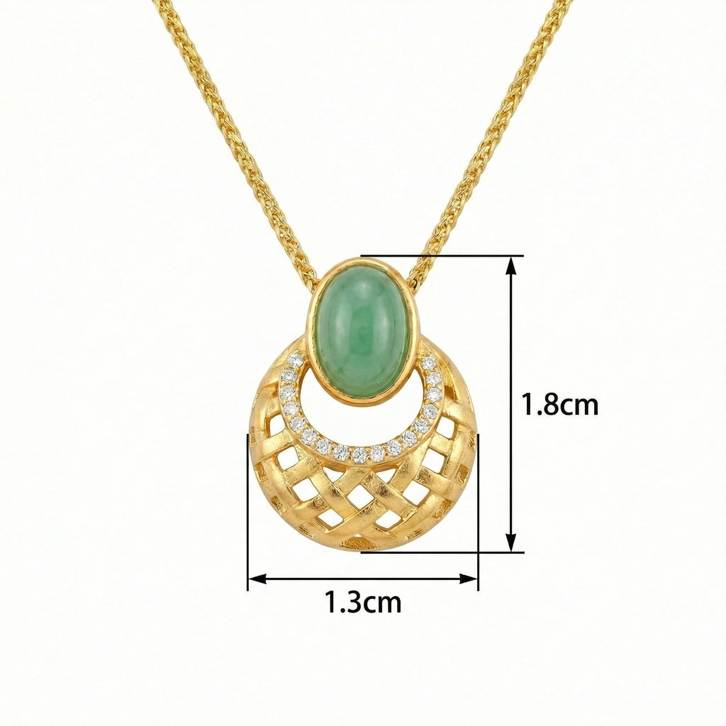 Gold necklace with a green gemstone and measurements on a white background