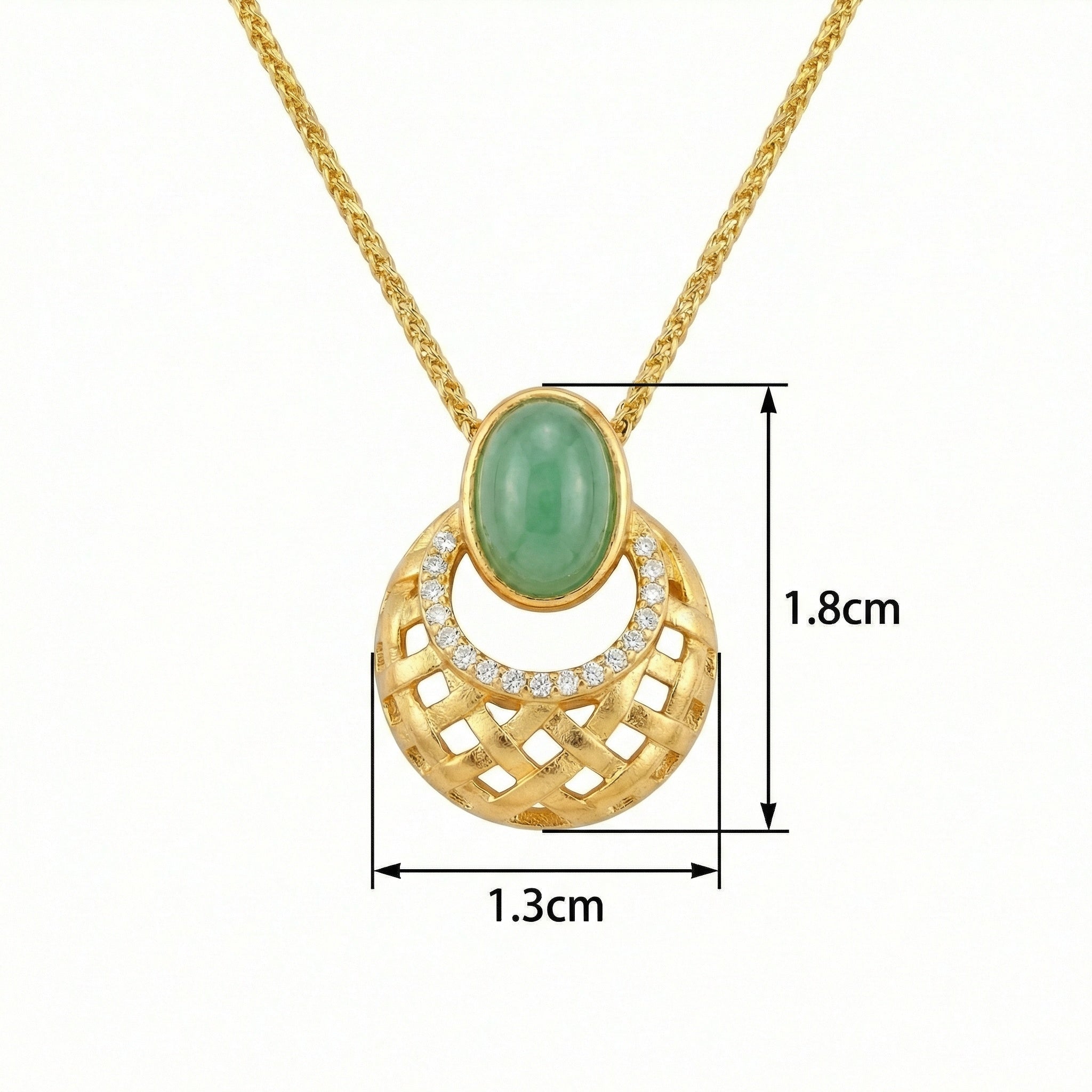 Gold necklace with a green gemstone and measurements on a white background