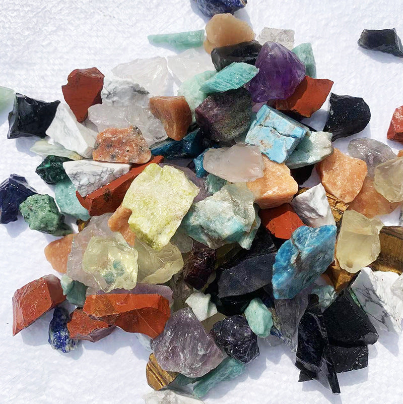 Assorted colorful crystals on a white background