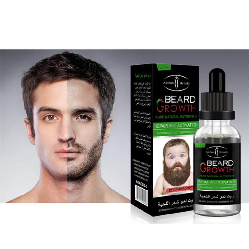 Beard growth product packaging with a man with a beard on a gray background