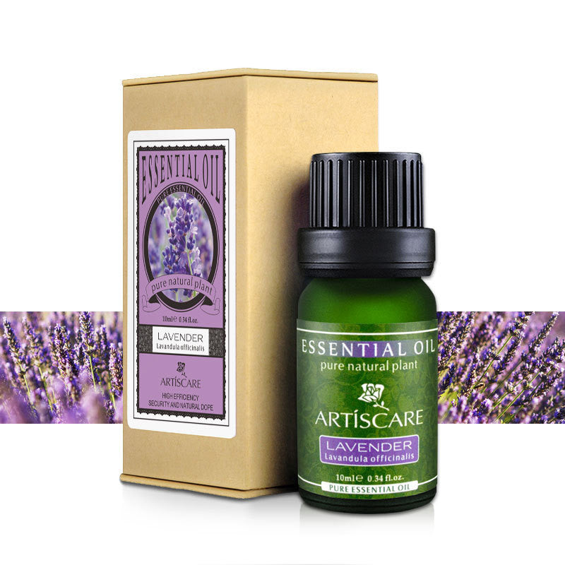 Artiscare lavender essential oil bottle and box with lavender flowers in the background