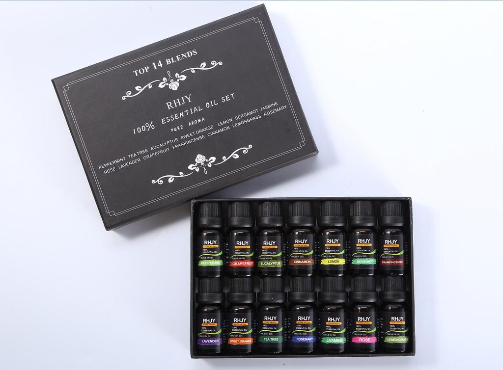 Box of RHY essential oil set with various bottles on a white background