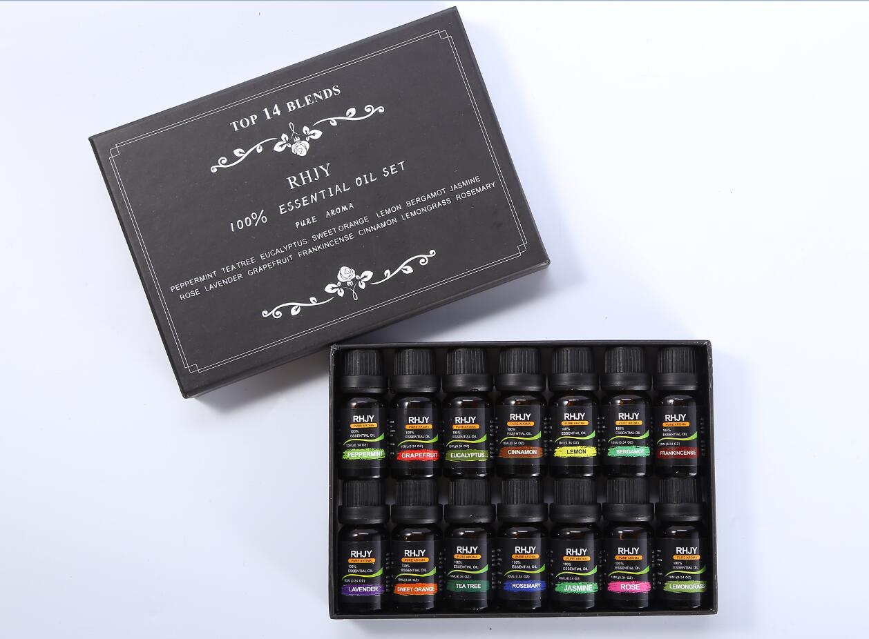 Box of RHY essential oil set with various bottles on a white background