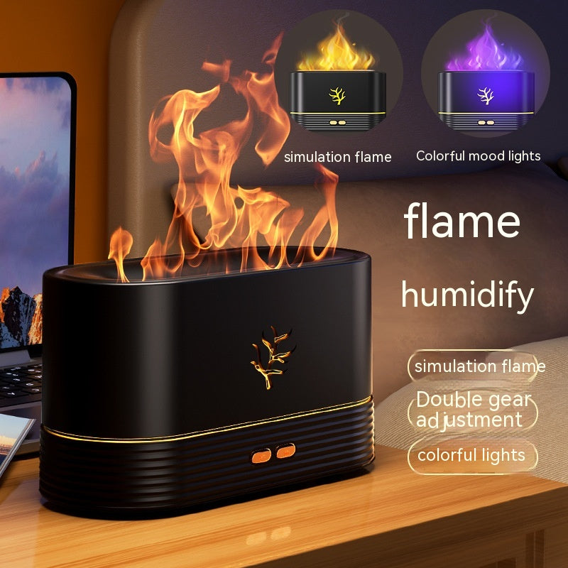 Black humidifier with flame simulation and colorful mood lights on a wooden surface.