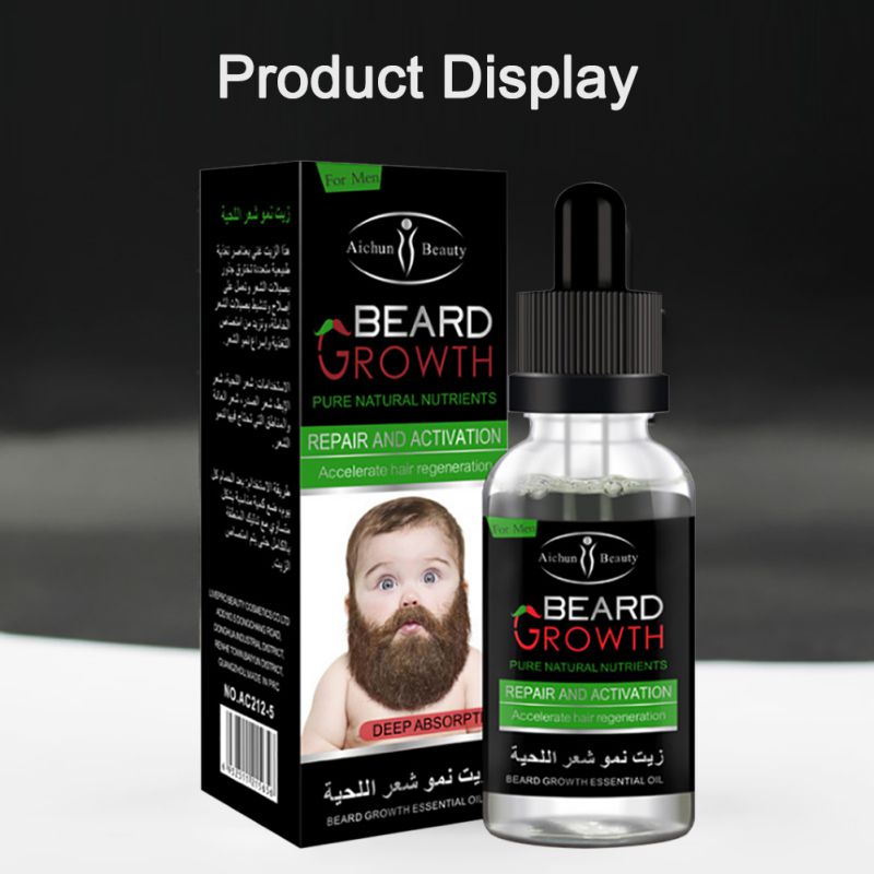 Beard growth product with packaging and bottle on a dark background