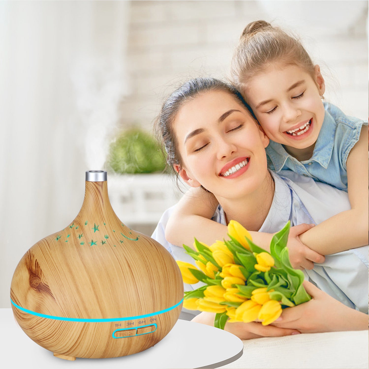 Woman and child with a wooden diffuser and yellow tulips on a light background