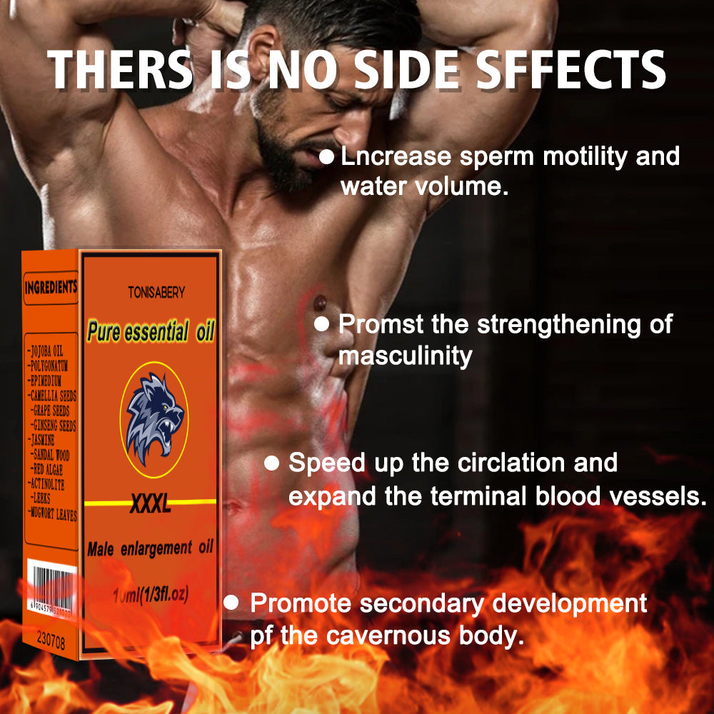 Advertisement for male enlargement oil with a muscular man and product packaging.