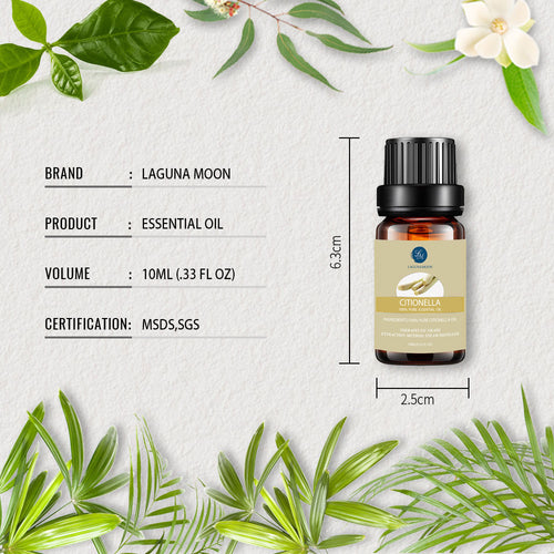 Essential oil bottle with label and measurements on a light background with green leaves and flowers.