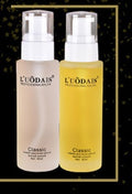 Two bottles of L'Odais hair care products on a black background