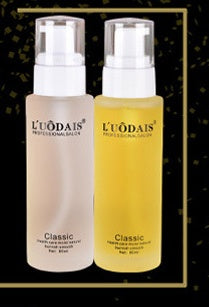 Two bottles of L'Odais hair care products on a black background