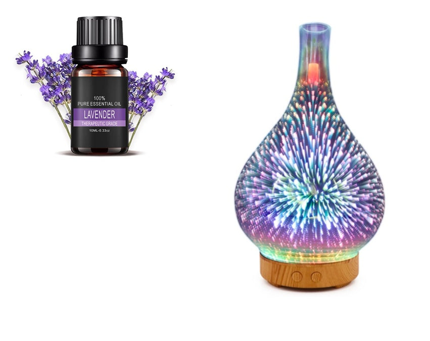 Lavender essential oil bottle with a colorful diffuser on a white background