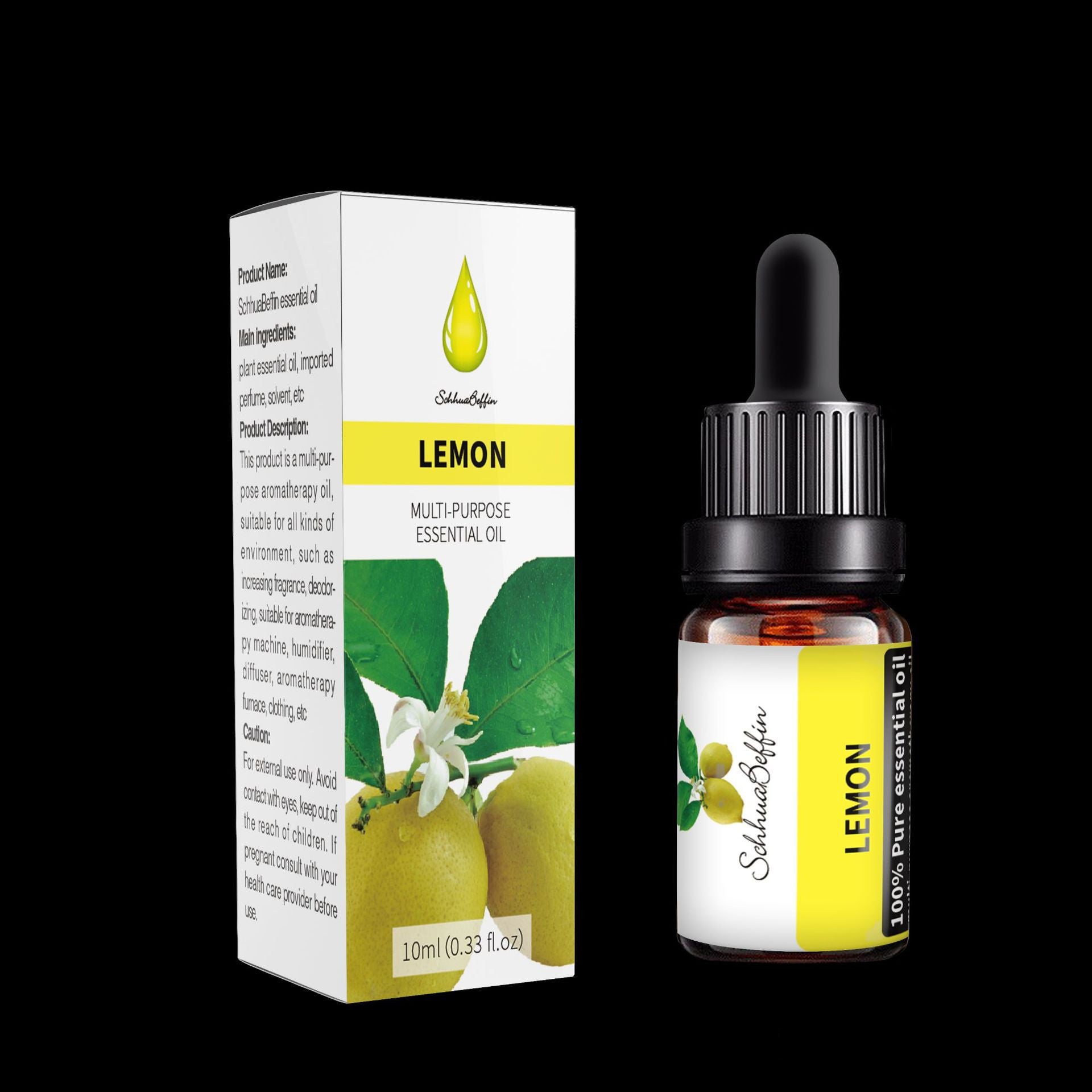 Lemon essential oil bottle and packaging on a black background