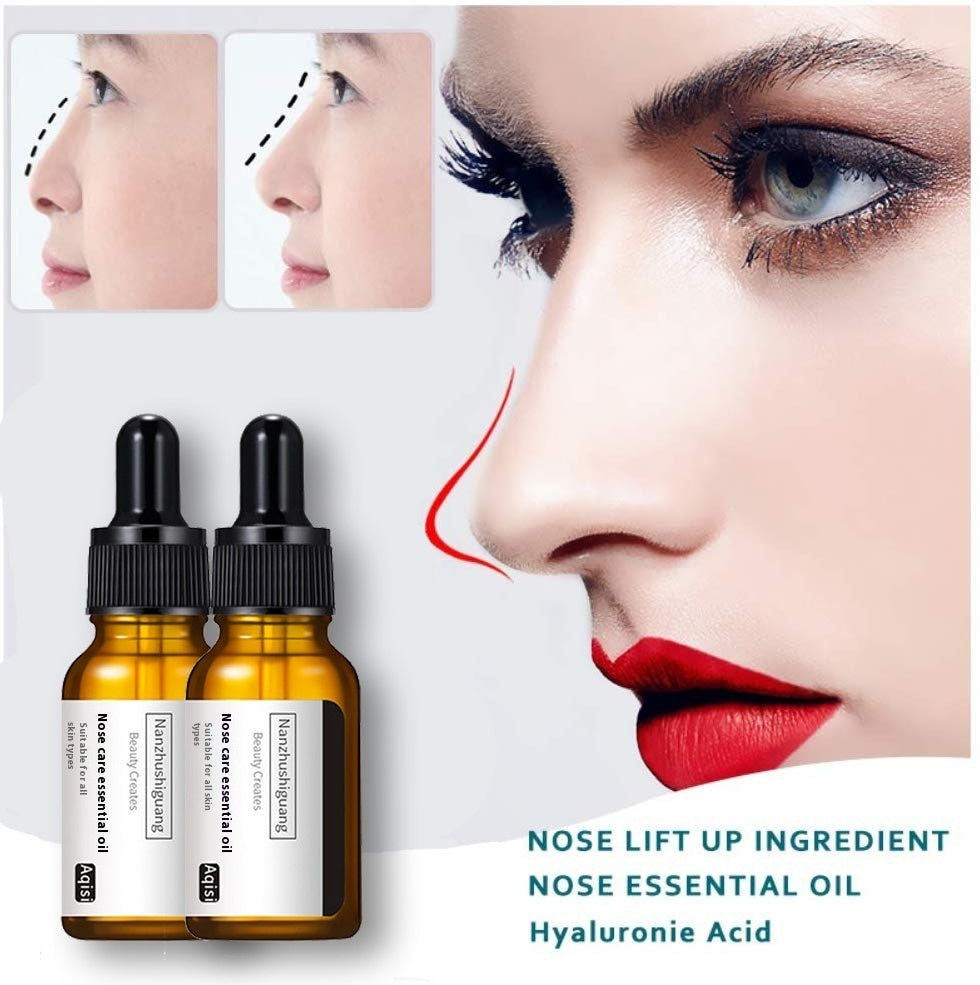Two bottles of nose lift up ingredient essential oil with a close-up of a woman's face.
