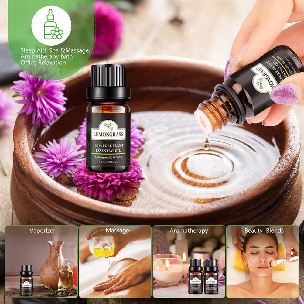 Essential oil bottle being poured into water with lemongrass label, surrounded by flowers and images of product uses.