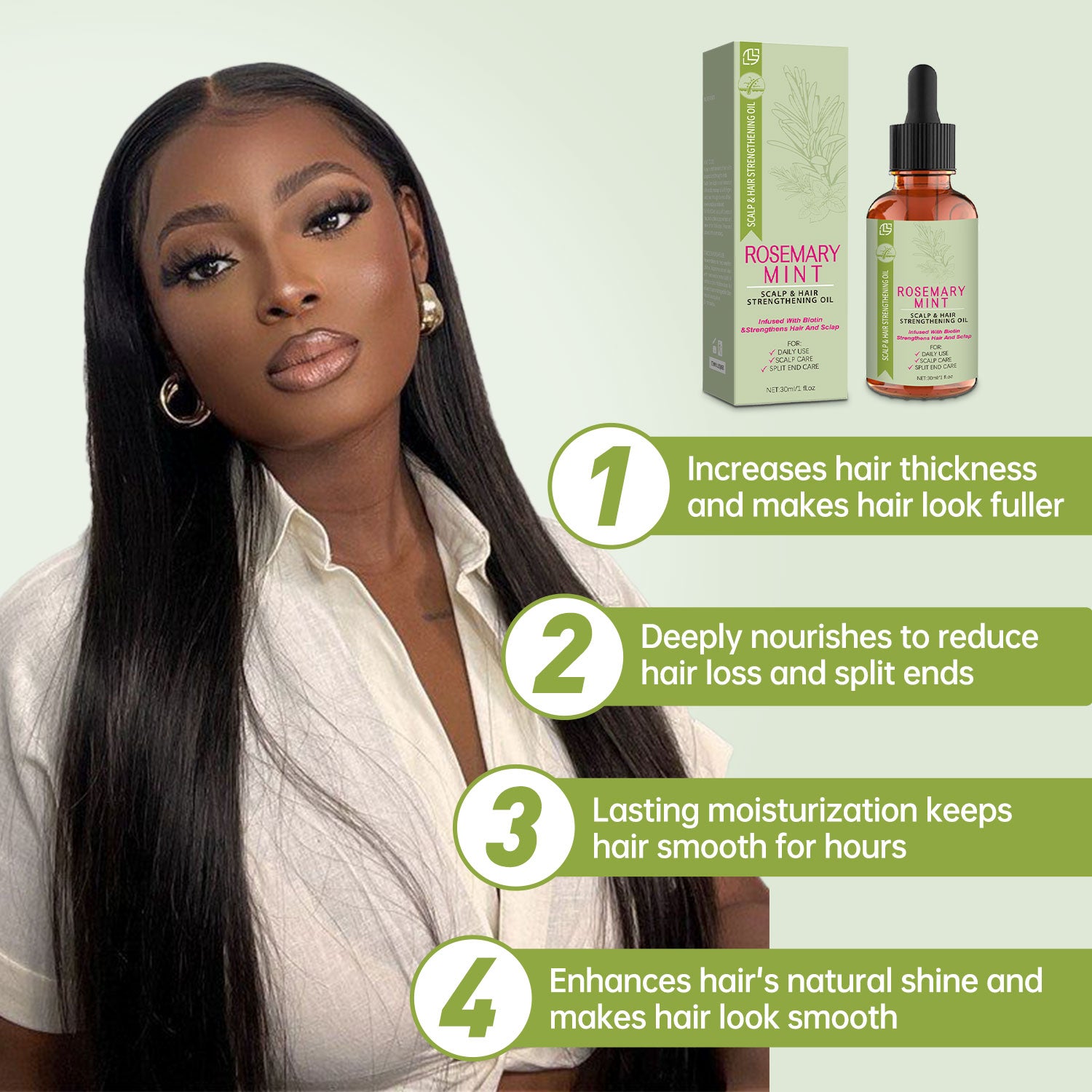Woman with long hair next to a hair care product with benefits listed.
