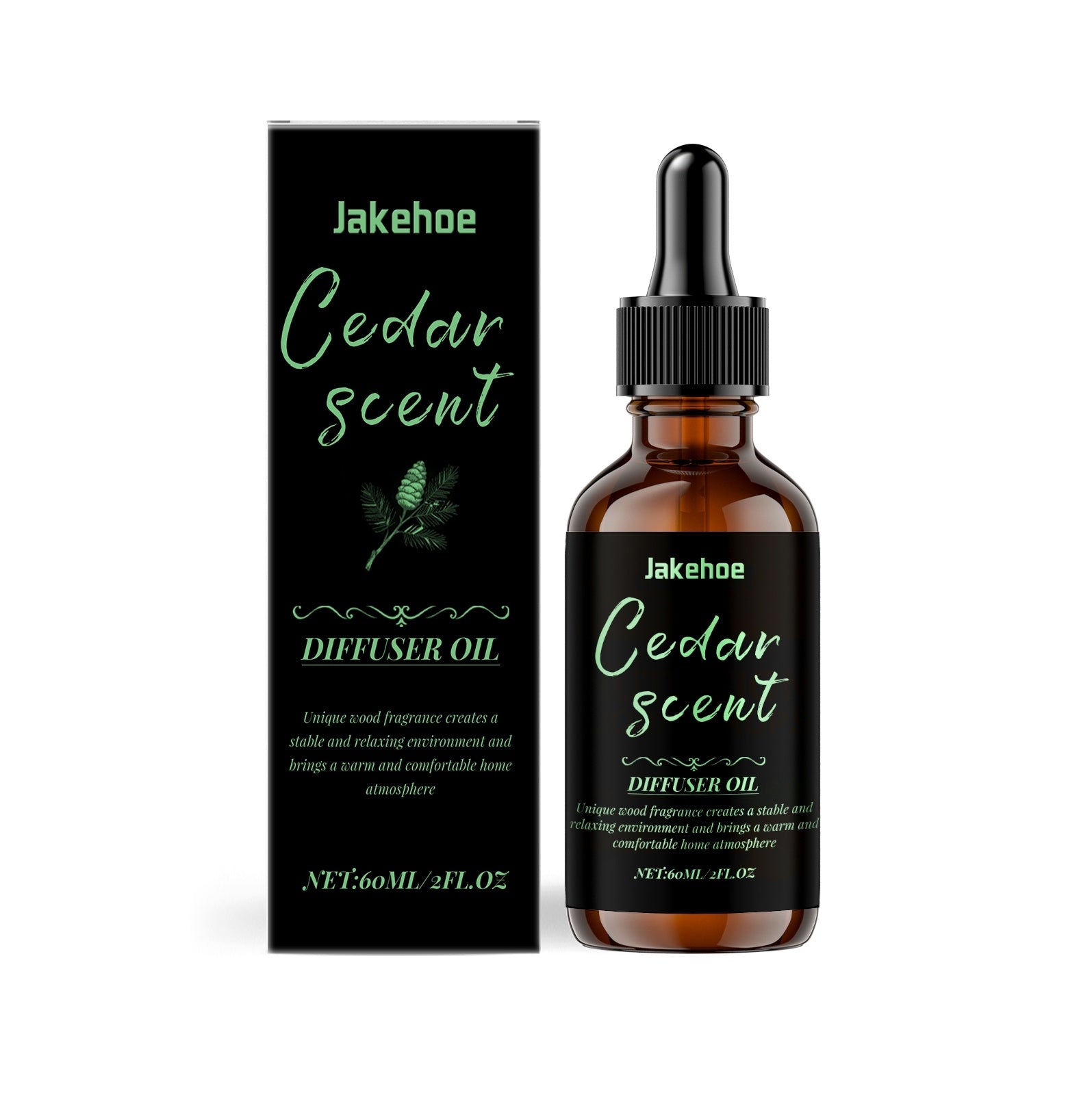Jakehoe Cedar Scent diffuser oil bottle and packaging on a white background