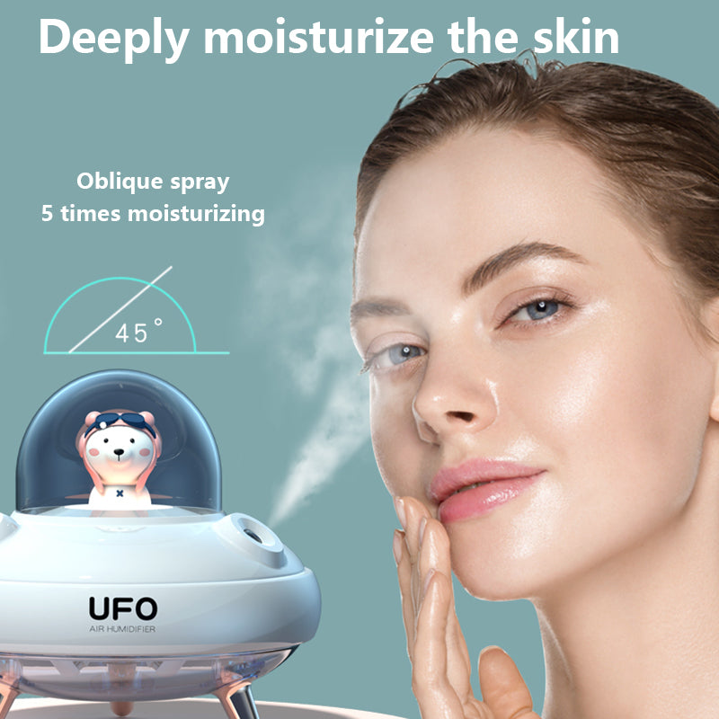 UFO air humidifier with a woman showing moisturized skin, emphasizing deep skin hydration.
