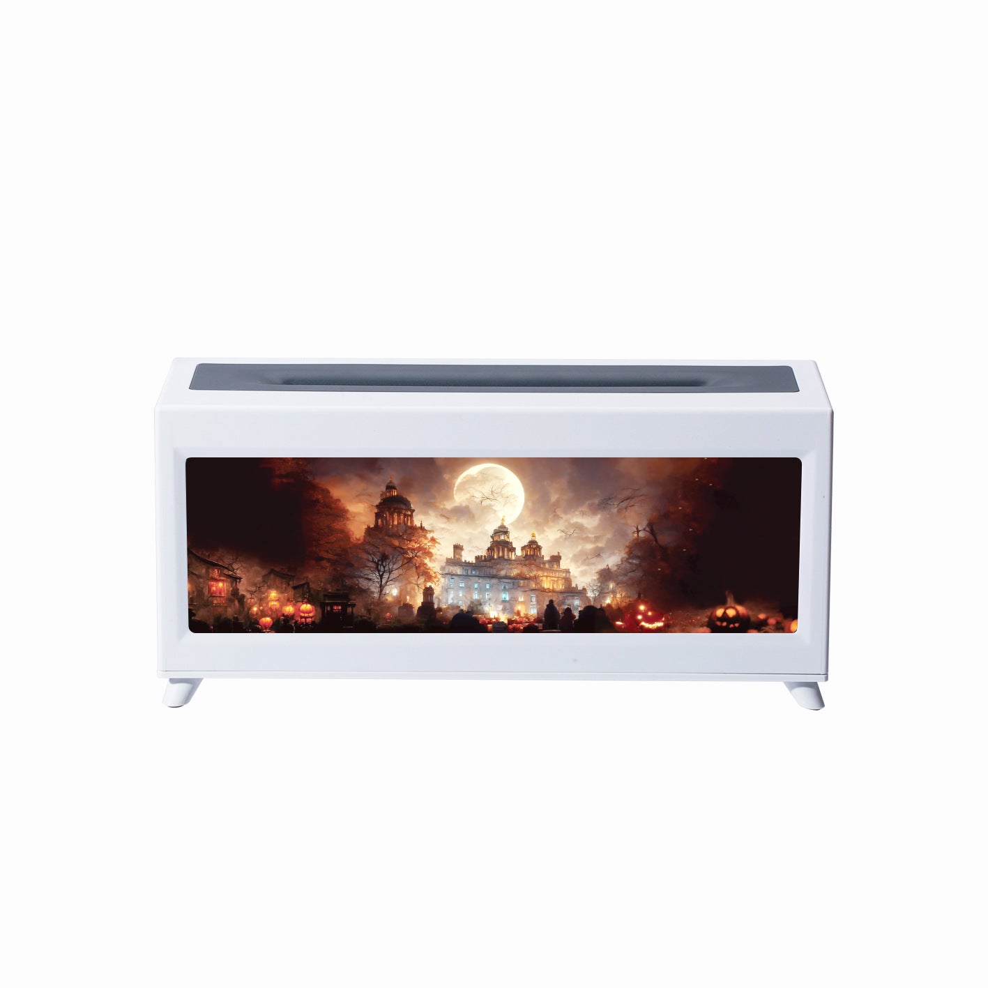 Rectangular white electronic device with a scenic display on a white background