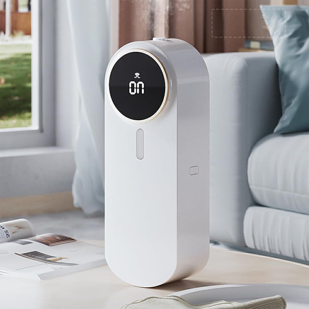 White air purifier with digital display on a table in a room with a couch and window.