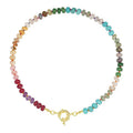 Multicolored beaded necklace with a gold clasp on a white background