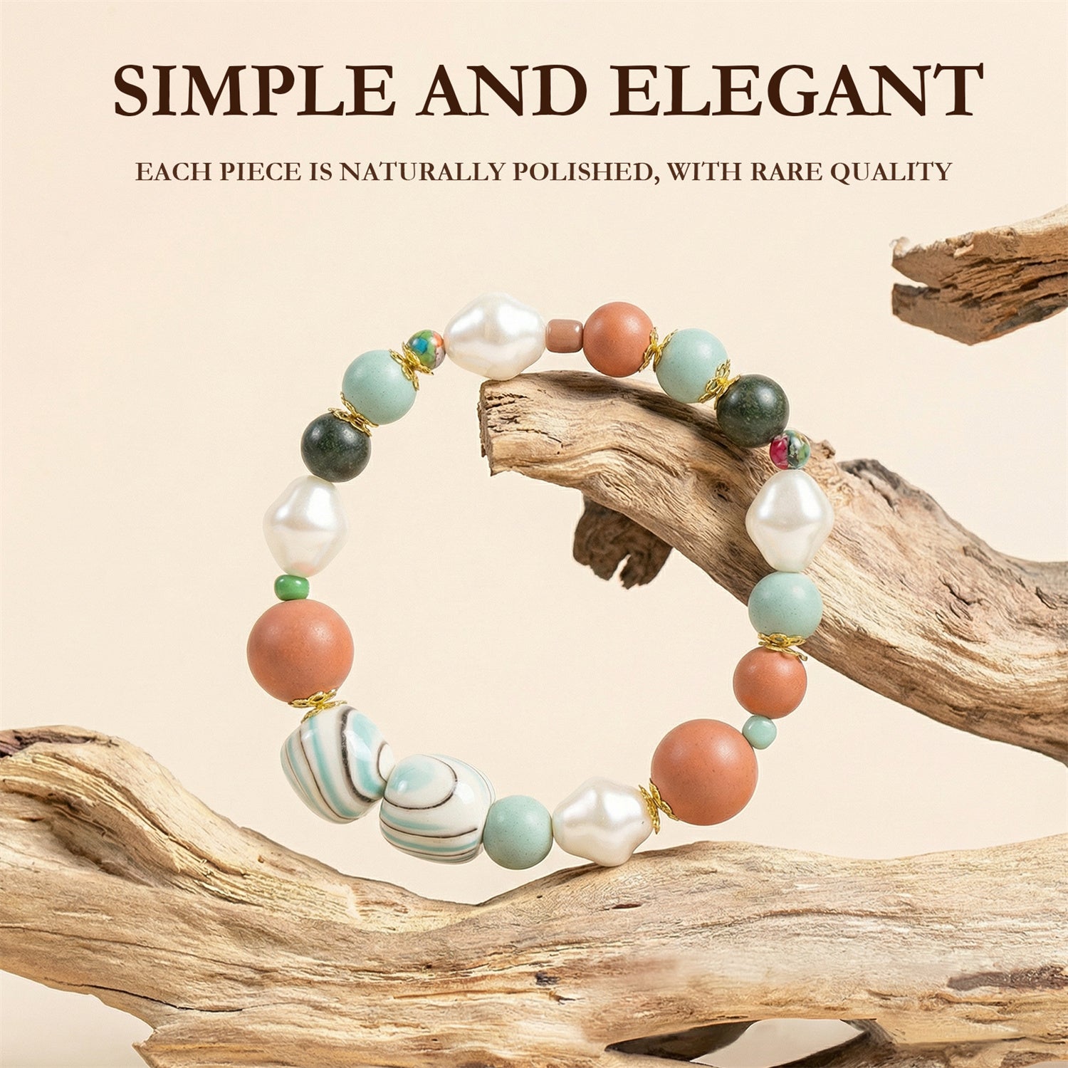 Multicolored beaded bracelet on a wooden branch with text 'Simple and Elegant'.