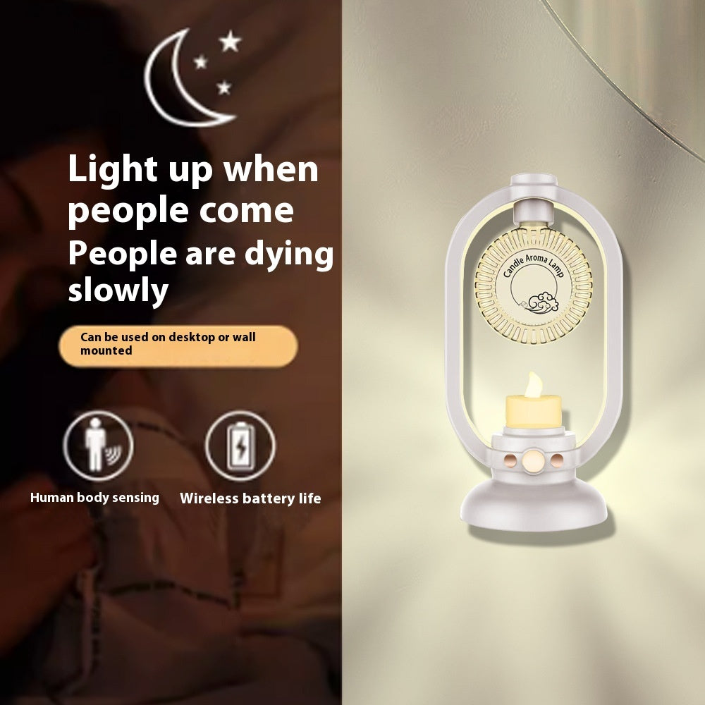 White lantern with candle light on a beige background, featuring text about its functions.