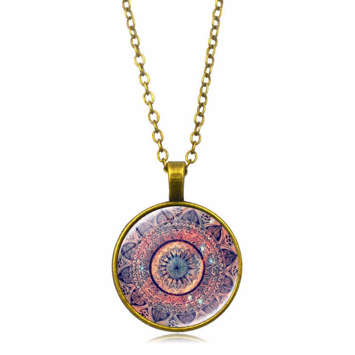 Necklace with a colorful mandala pendant on a white background
