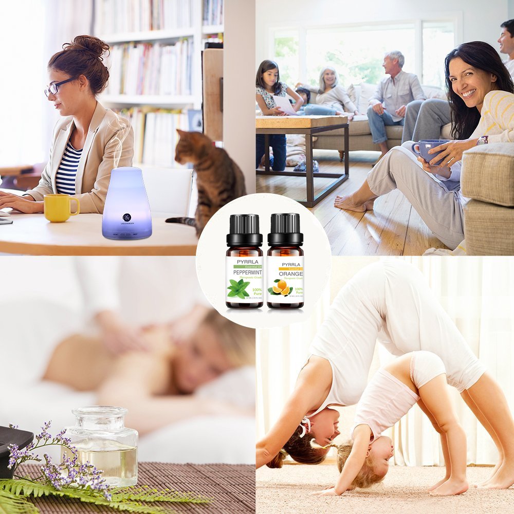 Collage of a woman using an essential oil diffuser, a family in a living room, people sitting on a couch, essential oil bottles, a woman lying down, and a woman and child doing yoga.