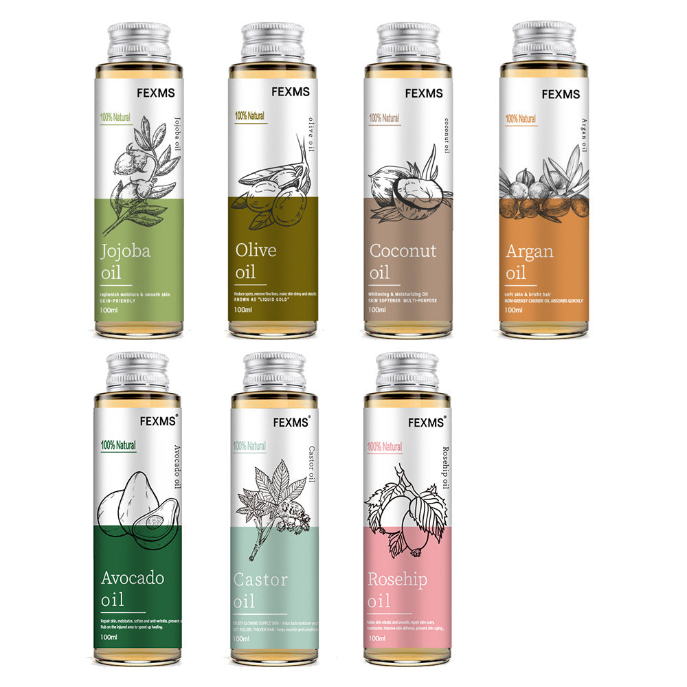 Set of FEXMS oil bottles with various oils on a white background