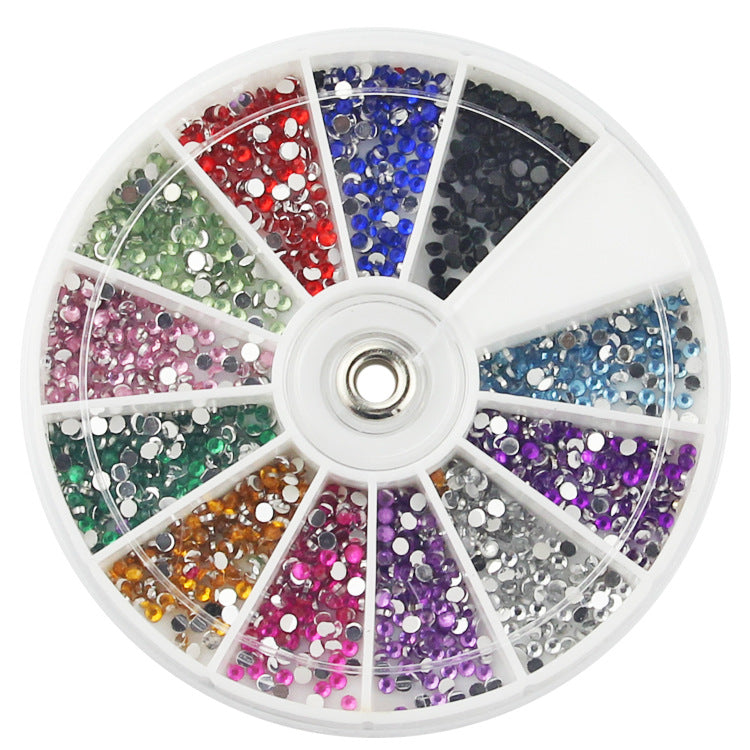 Wheel of colorful rhinestones on a white background