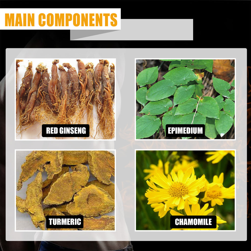 Four main components of a supplement or herbal product: Red Ginseng, Epimedium, Turmeric, and Chamomile.