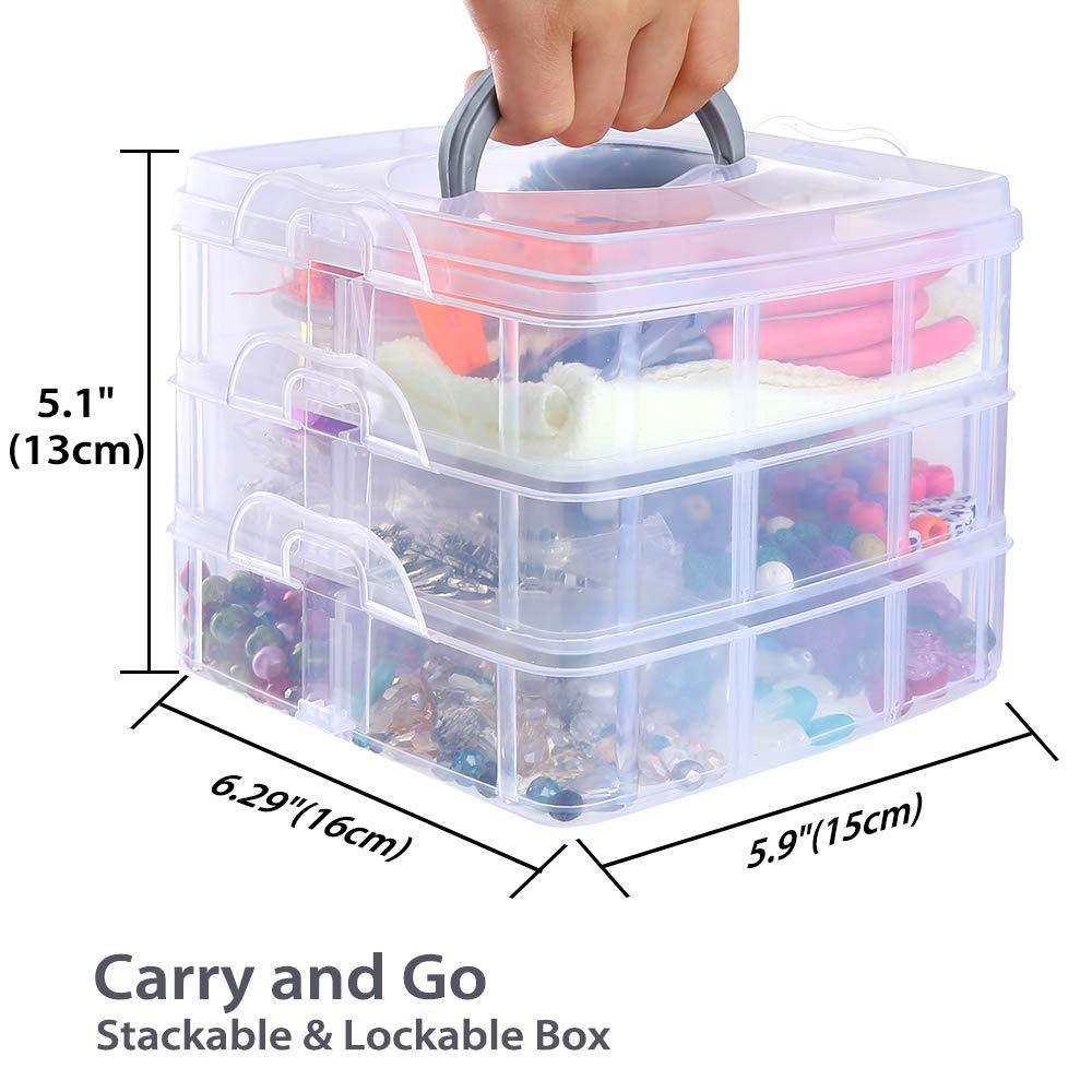 Stackable and lockable clear storage box with dimensions and a hand holding it.