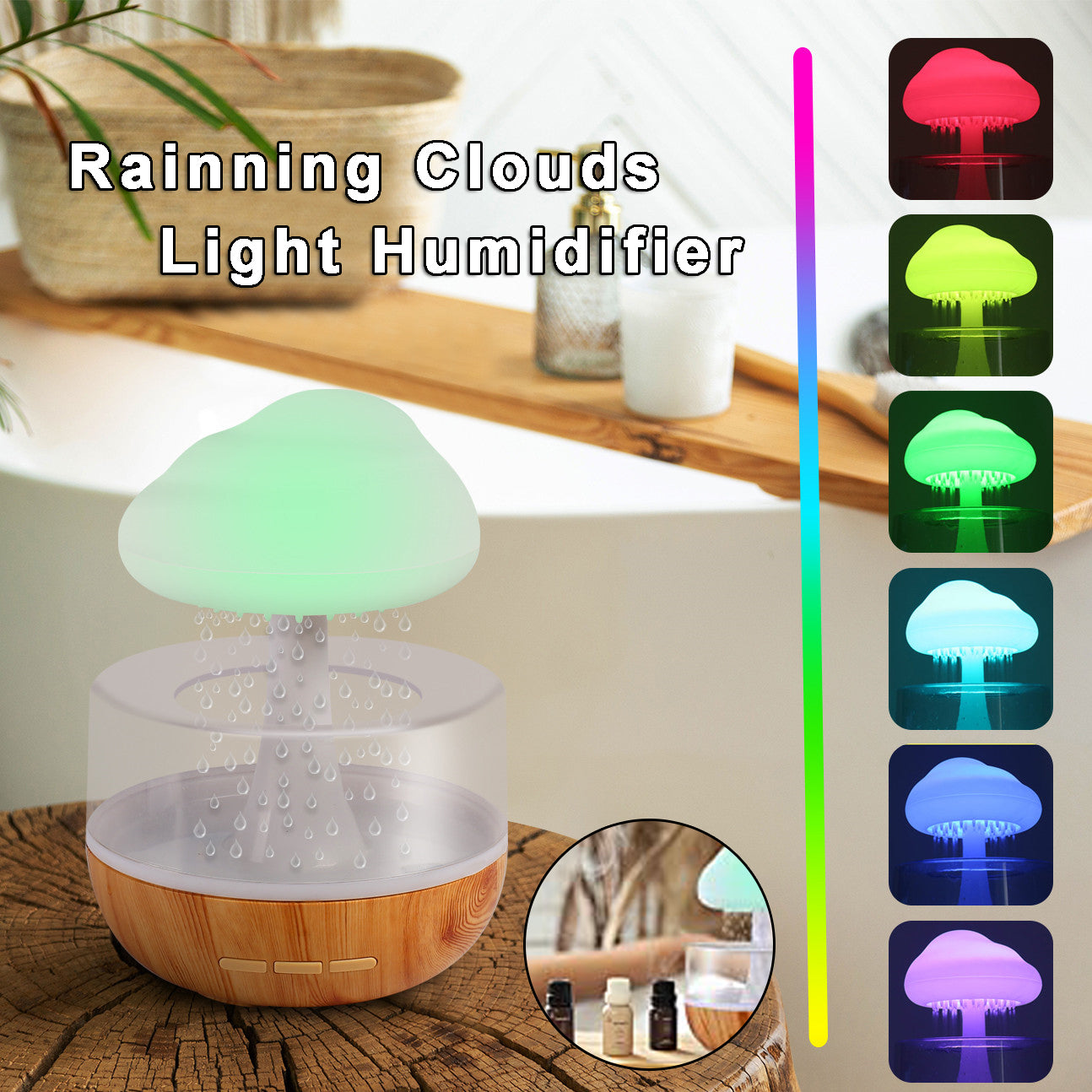 Mushroom-shaped light humidifier with color-changing lights on a wooden surface.