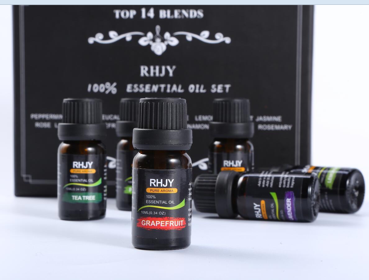 RHJY essential oil bottles with a black box labeled 'Top 14 Blends' in the background.