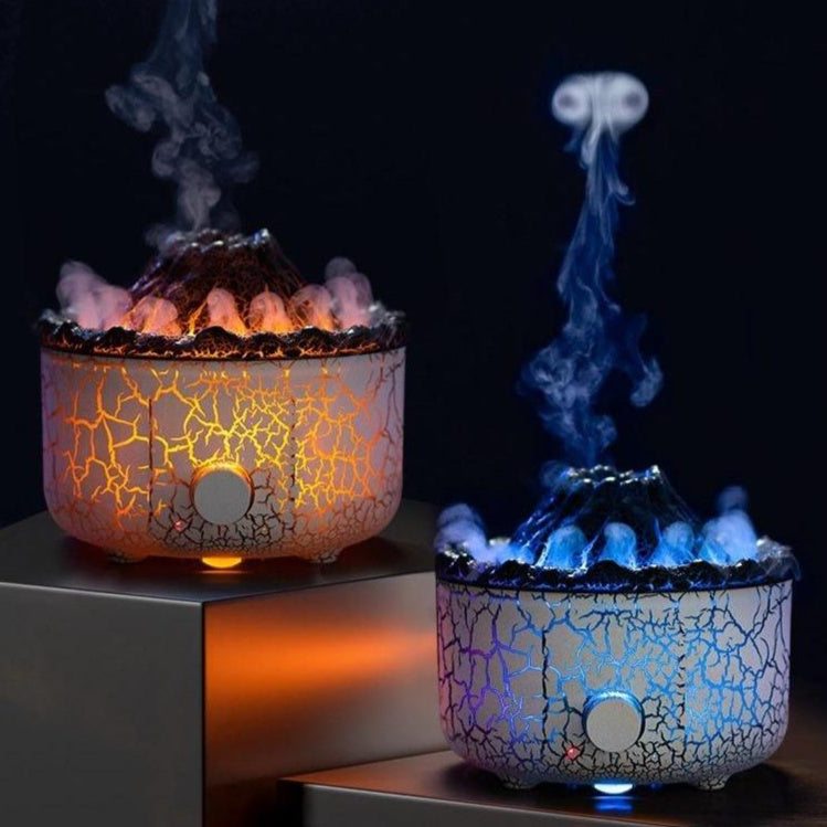 Two ceramic incense burners emitting colored smoke on a dark background