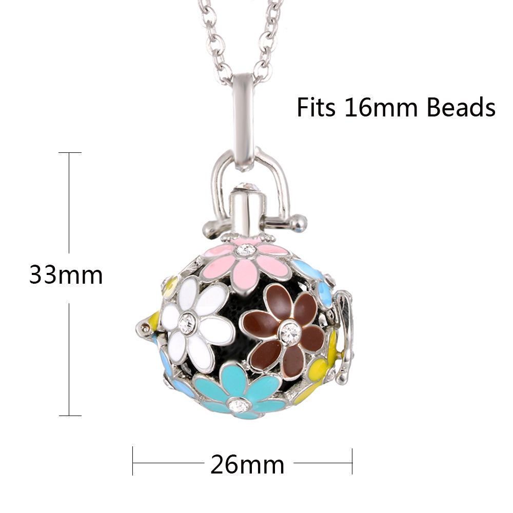 Colorful floral pendant with measurements on a white background