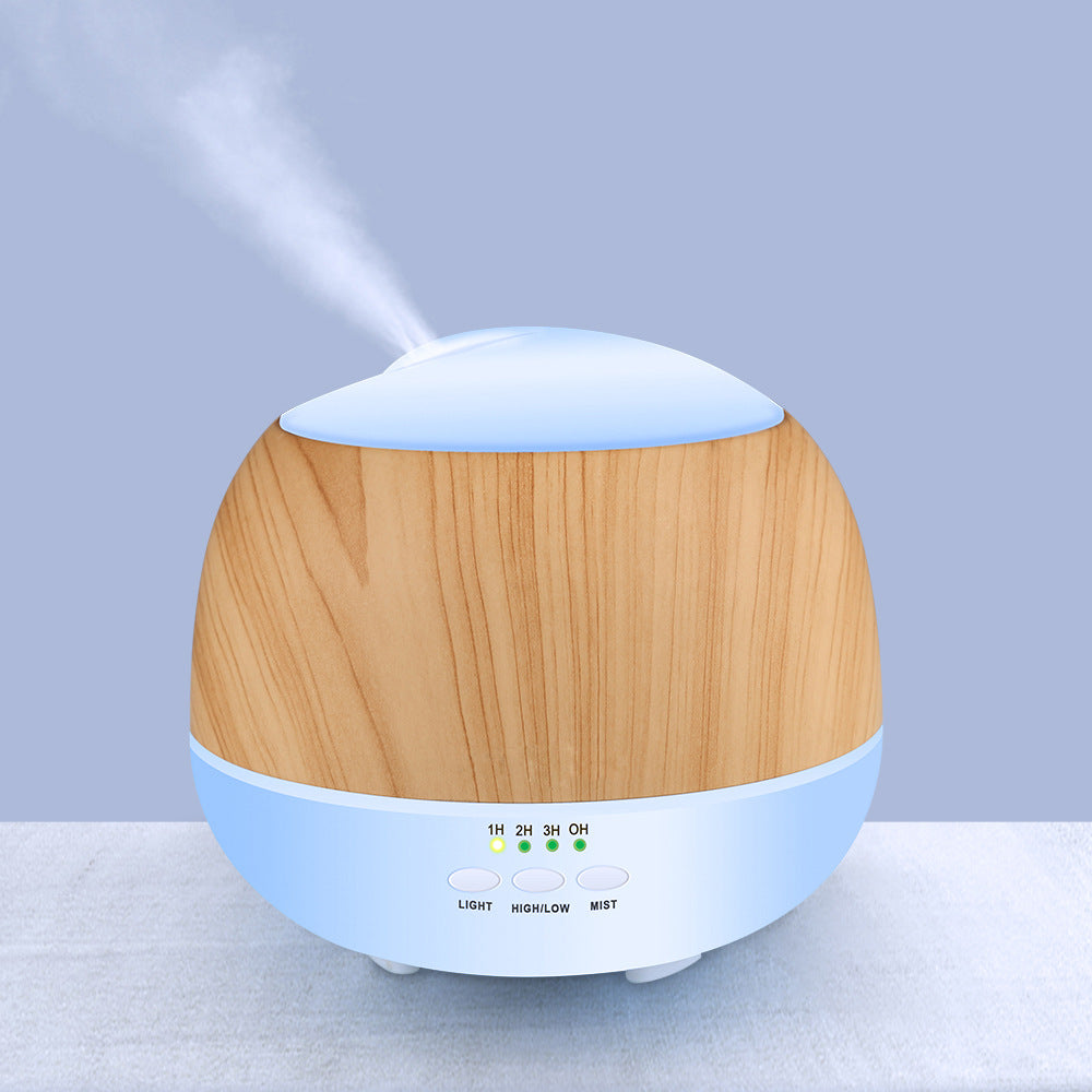 Wooden-textured diffuser emitting mist on a light gray background