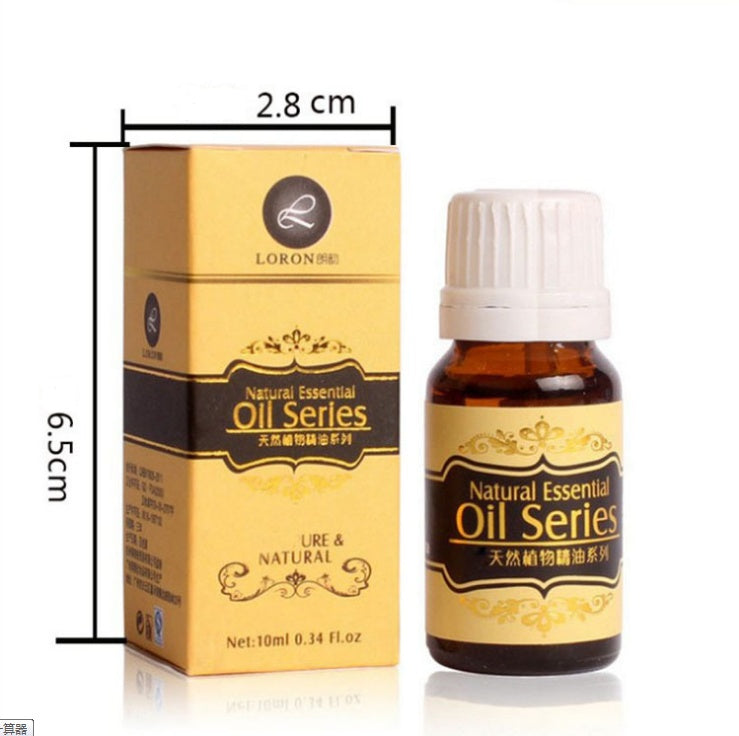 Loron Natural Essential Oil Series bottle and packaging with dimensions on a white background
