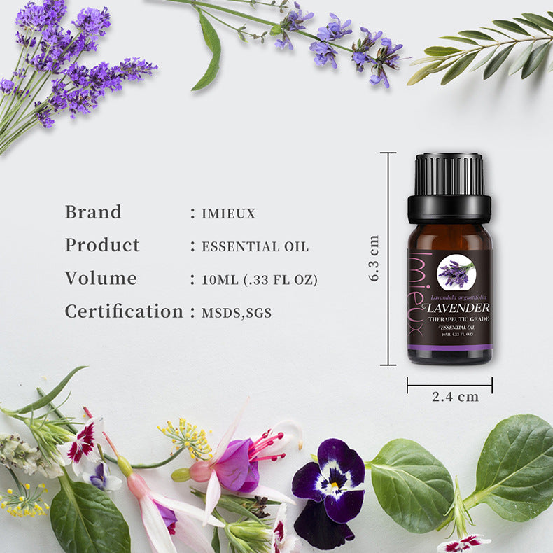 Lavender essential oil bottle with floral and leaf decorations on a white background
