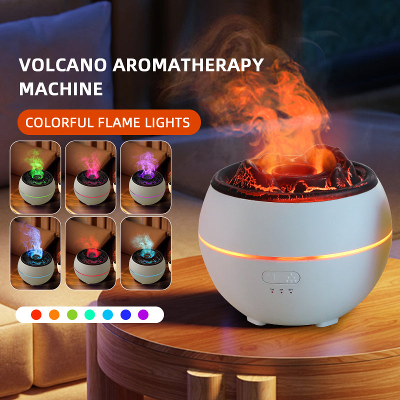 Volcano aromatherapy machine with colorful flame lights on a wooden table.