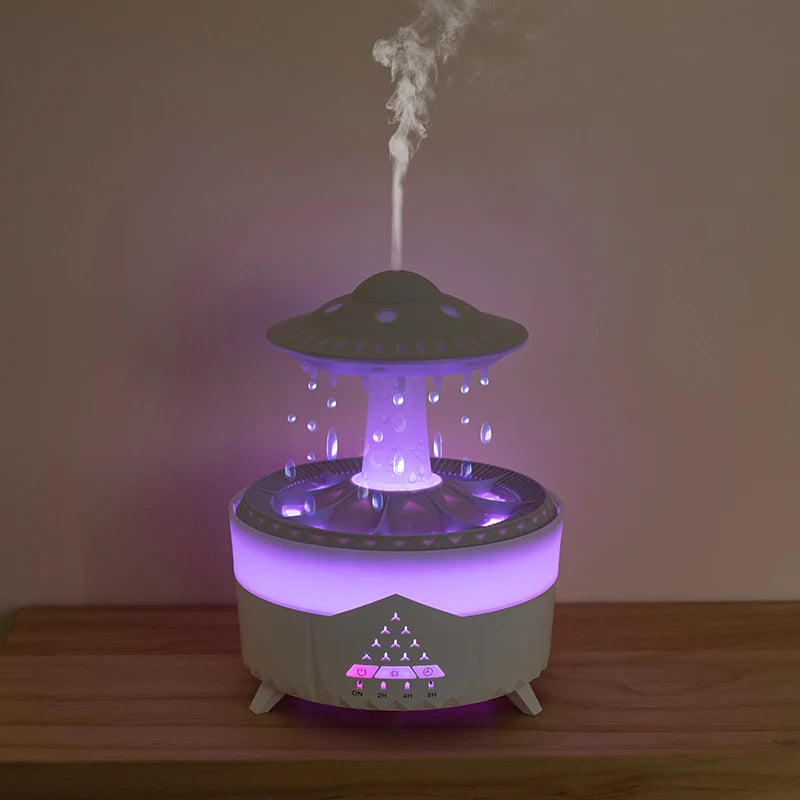 UFO-shaped humidifier emitting mist on a wooden surface with a plain background