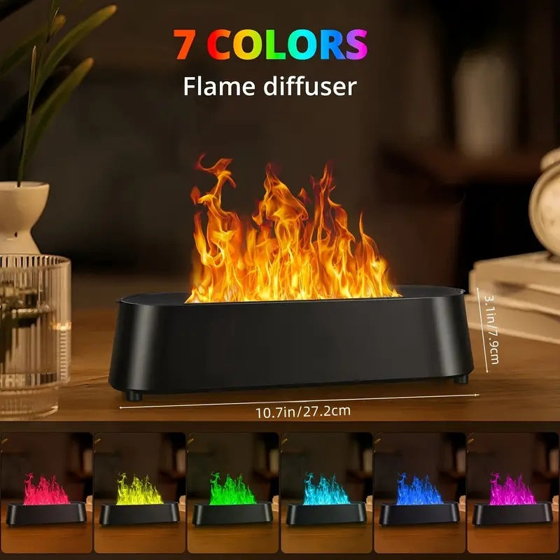 Flame diffuser with colorful flames and '7 Colors' text on a dark background