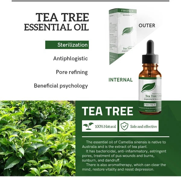 Tea tree essential oil bottle with packaging and text on a white background