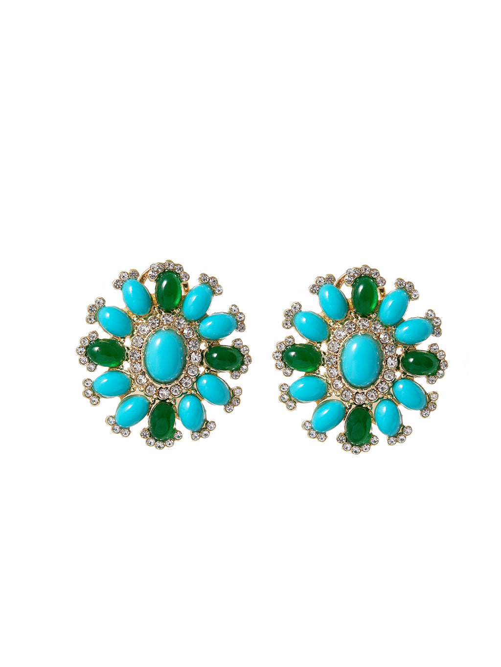 Pair of earrings with turquoise and green gemstones on a white background